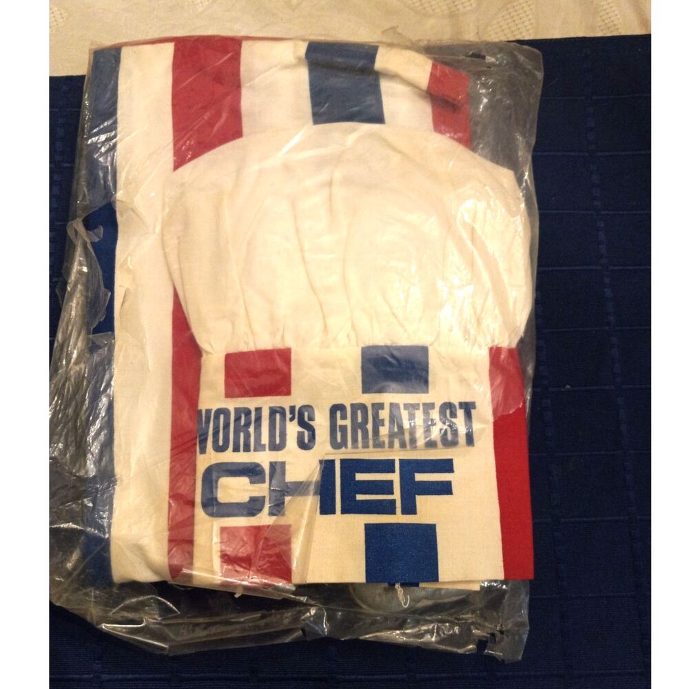 NOS Vintage Cooking Apron Set with Hat & Mitt "World's Greatest Chef" Patriotic